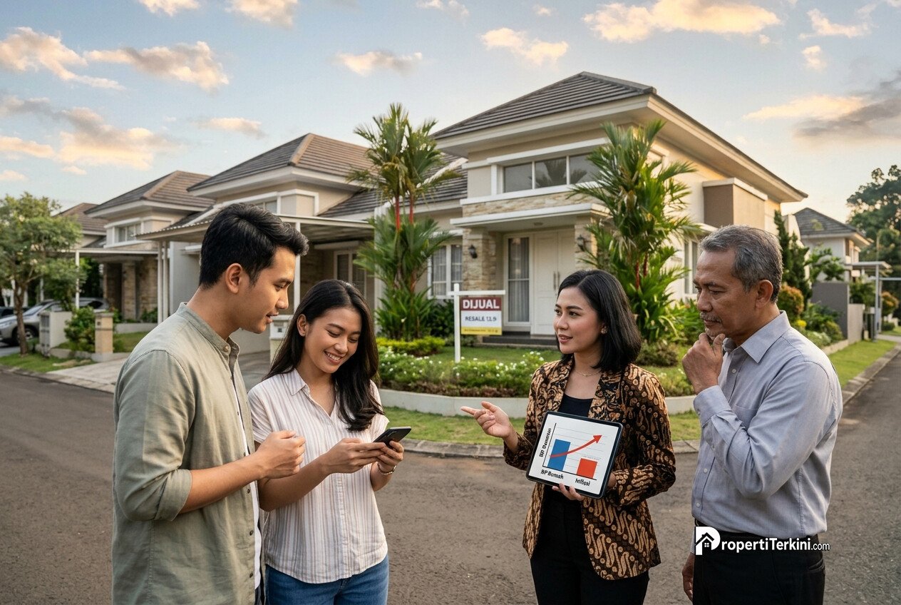 Agen properti menunjukkan grafik analisis harga rumah sekunder kepada calon pembeli di depan perumahan modern