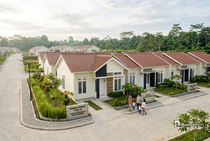 kompleks-perumahan-rumah-subsidi-kpr-flpp-bp-tapera Kompleks perumahan modern rumah subsidi type 36 dengan jalan berpaving rapi dan keluarga bahagia di halaman depan