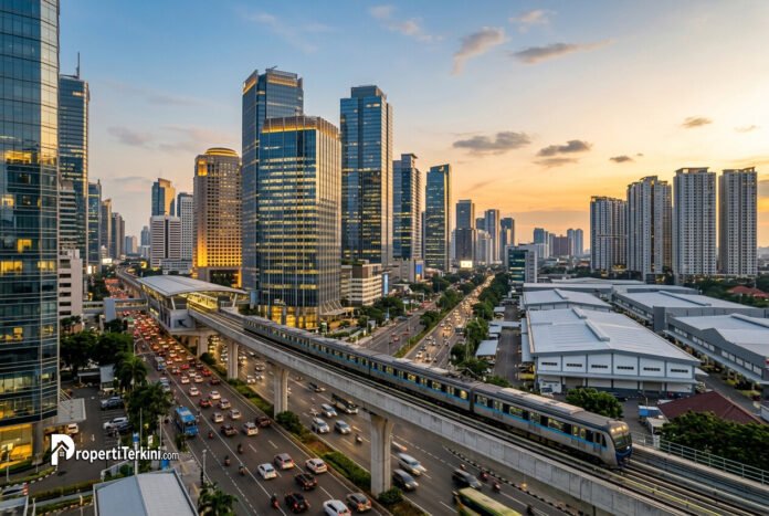 pasar-properti-indonesia-q3-2026 Ilustrasi lanskap perkotaan Jakarta dan fasilitas transportasi modern yang merefleksikan dinamika pemulihan pasar properti Indonesia Q3 2026.
