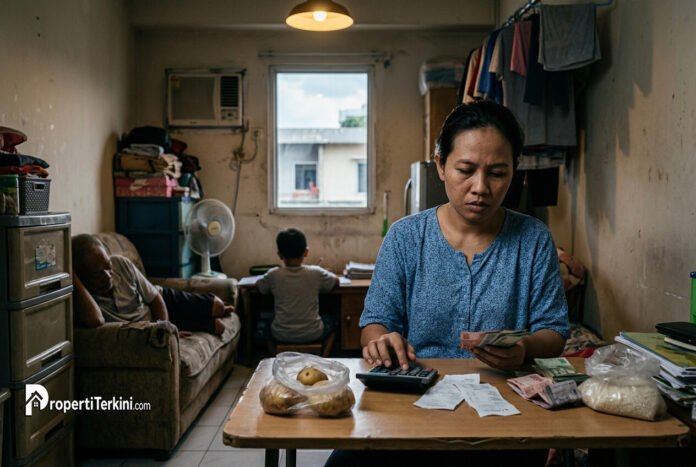 krisis-keterjangkauan-perumahan-global Seorang ibu rumah tangga menghitung pengeluaran harian dan tagihan tempat tinggal di tengah krisis keterjangkauan perumahan global