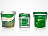Tiga produk solusi pelapis bangunan ramah lingkungan dari 3TREES, meliputi cat interior Beauty Pro, cat lantai, dan cat kedap air, dalam kemasan ember berwarna hijau dan putih.