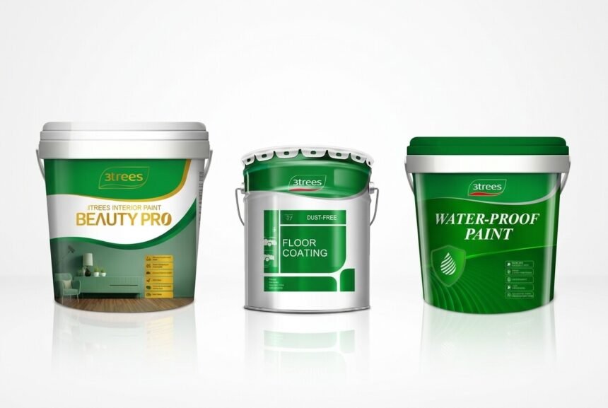 Tiga produk solusi pelapis bangunan ramah lingkungan dari 3TREES, meliputi cat interior Beauty Pro, cat lantai, dan cat kedap air, dalam kemasan ember berwarna hijau dan putih.