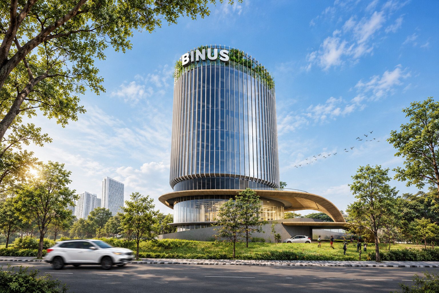 Ilustrasi arsitektur gedung kampus BINUS ASO BSD City dengan fasad kaca modern dan area hijau di KEK ETKI Banten.