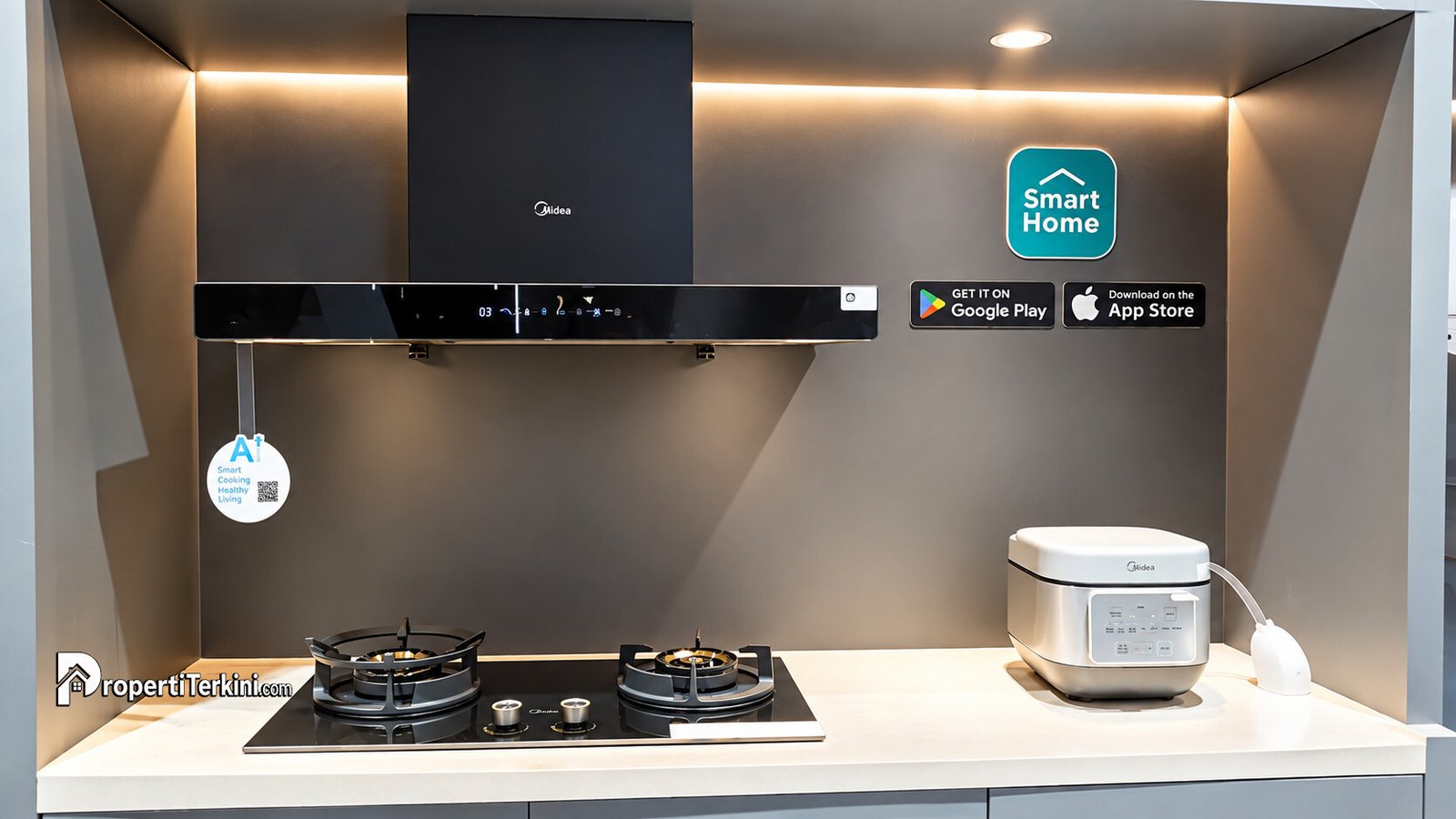 Rangkaian peralatan dapur pintar Midea Indonesia seperti kompor tanam, cooker hood, dan penanak nasi berbasis teknologi pintar