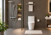 Interior kamar mandi ramah lingkungan dengan set shower LED dan kloset hemat air ACROZ AZKO