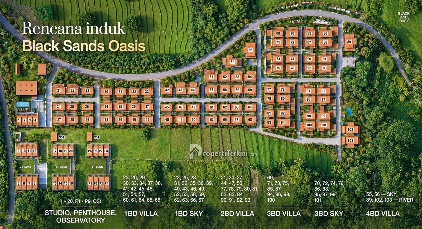 Peta master plan rencana induk tata ruang proyek Black Sands Oasis di kawasan Nuanu Creative City Bali.