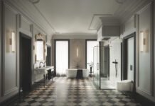 Tampilan interior kamar mandi mewah dengan shower toilet cerdas GROHE Sensia Arena berbasis teknologi LIXIL