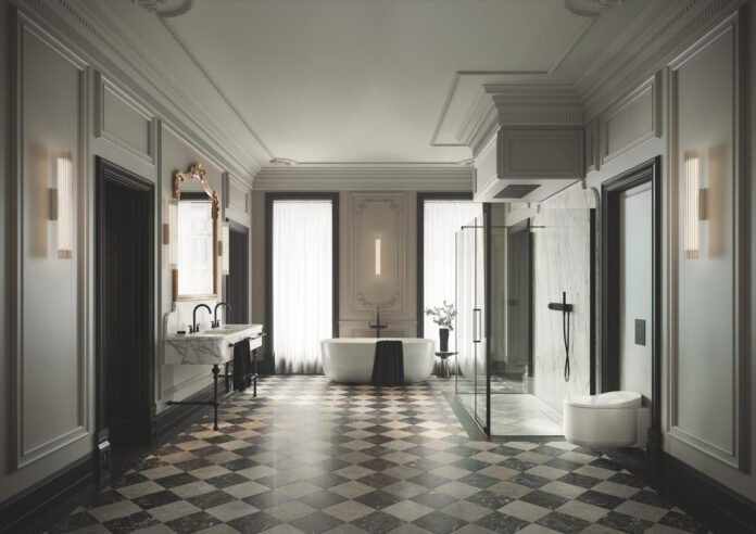 Tampilan interior kamar mandi mewah dengan shower toilet cerdas GROHE Sensia Arena berbasis teknologi LIXIL