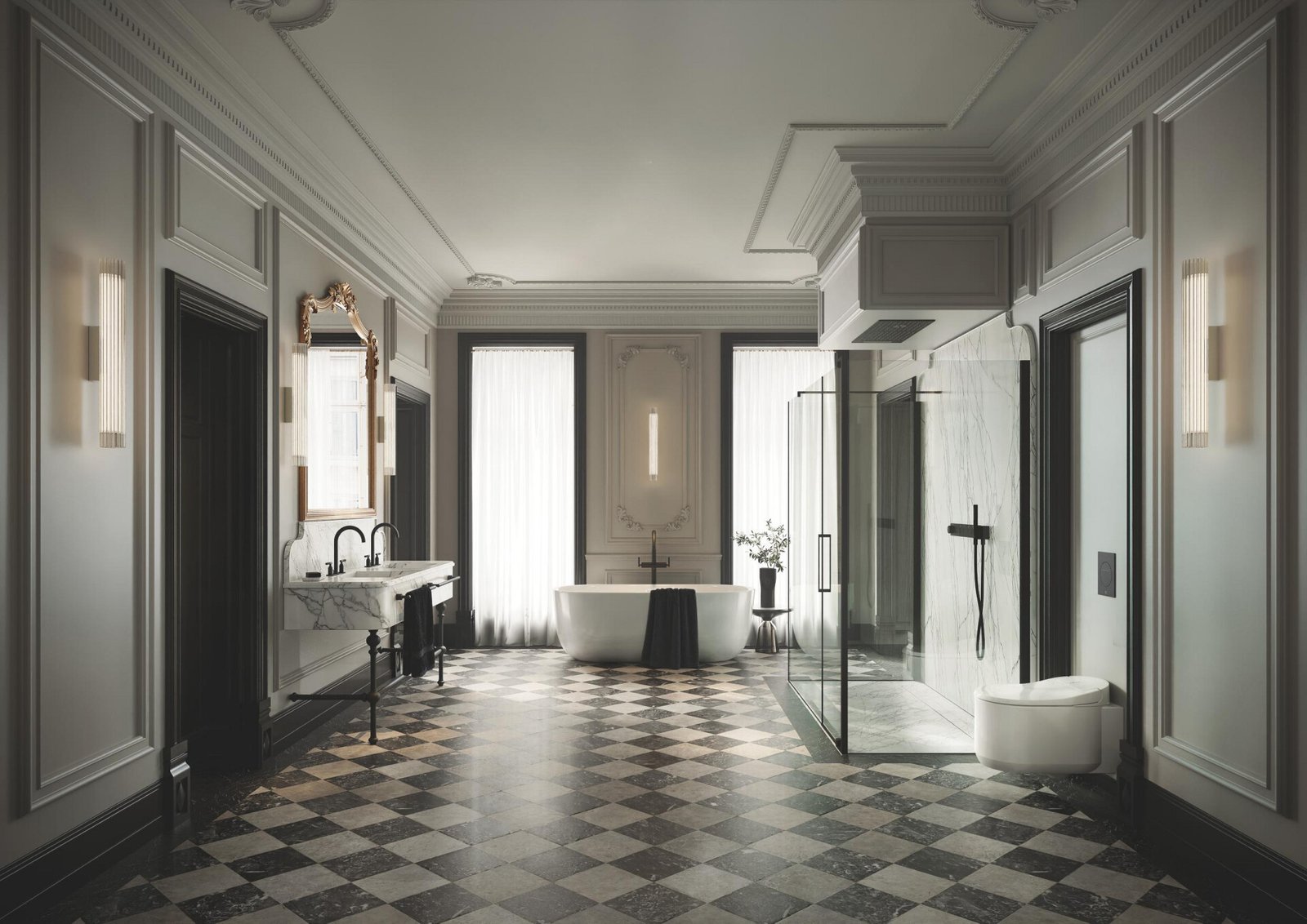 Tampilan interior kamar mandi mewah dengan shower toilet cerdas GROHE Sensia Arena berbasis teknologi LIXIL