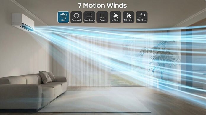samsung-ac-neo-windfree-ultra-7-motion-winds.jpg Samsung AC Neo WindFree Ultra dengan fitur AI 7 Motion Winds mendistribusikan udara sejuk di dalam ruang keluarga modern.