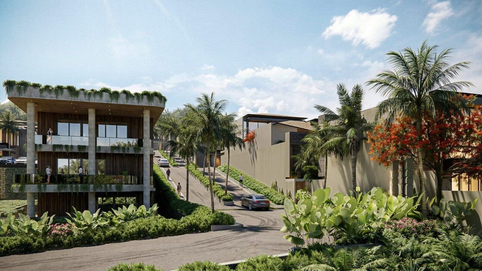 Visualisasi kawasan vila eksklusif KSO KANA Hills Ungasan dengan desain arsitektur modern dan lanskap tropis di Bali Selatan.