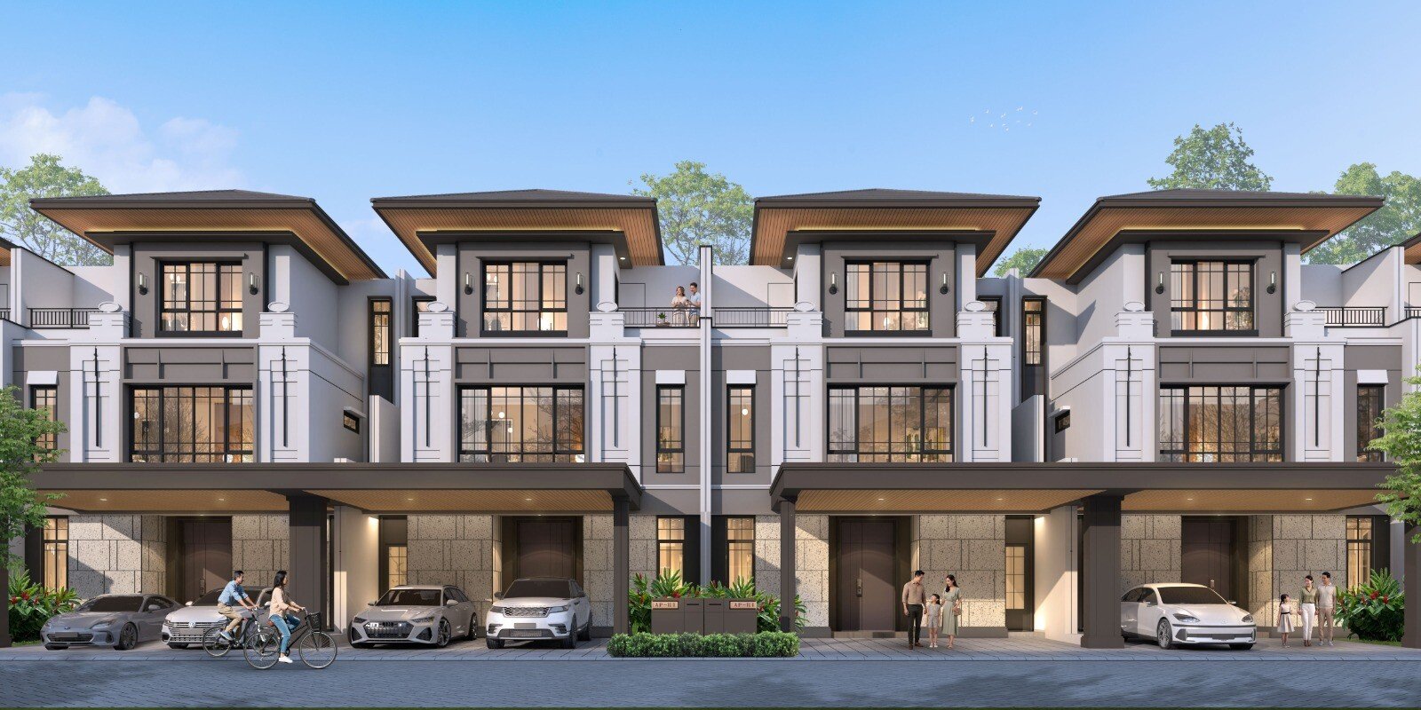 Fasad rumah tiga lantai Altadena Prime Paramount Gading Serpong bergaya arsitektur Art Deco