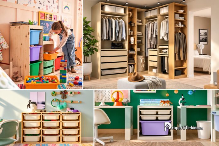 Solusi penyimpanan fleksibel rumah minimalis menampilkan lemari baju PAX dan kotak penyimpanan modular TROFAST dari IKEA.