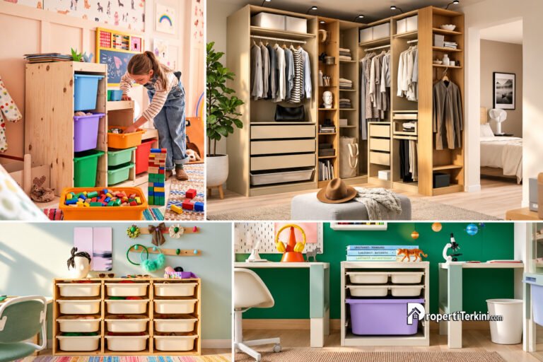 Solusi penyimpanan fleksibel rumah minimalis menampilkan lemari baju PAX dan kotak penyimpanan modular TROFAST dari IKEA.