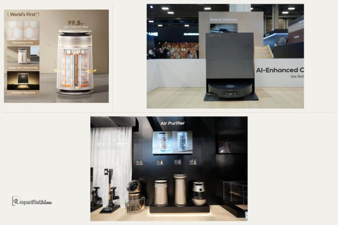 Kolase lini produk ekosistem smart living Dreame mencakup air purifier pembersih bulu hewan dan robot vacuum cerdas berteknologi Physical AI.