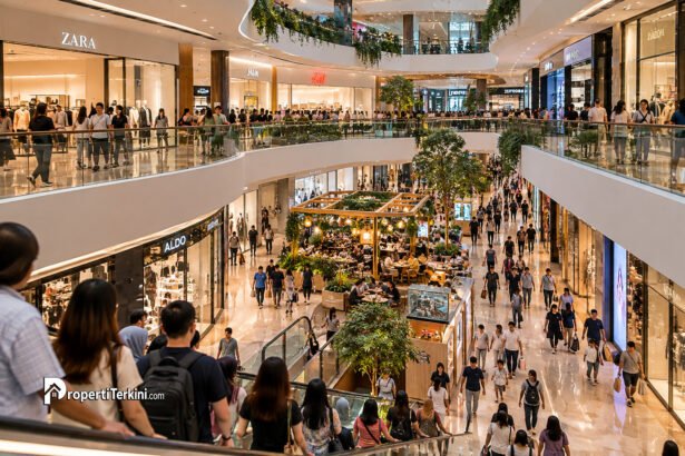 Pusat perbelanjaan modern yang ramai pengunjung dengan berbagai gerai ritel dan area komersial.